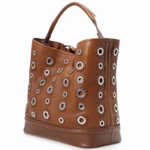 Zara Two Toned Brown Tan Silver Eyelet Accents Leather Bucket Bag Style Tote